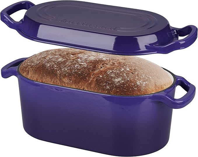 Oval Dutch Oven Pot with Lid, Enamel Coating Cast Iron Bread Pans for Homemade Sourdough Bread Baking, Cooking, 4 Quart, Purple