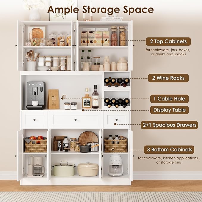 72" Tall Pantry Cabinet with Wine Rack, Kitchen Pantry Cabinet with Microwave Stand, Large Kitchen Hutch with Drawers, Food Pantry for Dining Room, White