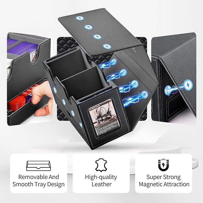 Card Deck Box for MTG, Double Storage Box with 2 Commander Display & 1 Dice Tray, Fits 200+ Double Sleeved, Organizer for CCG TCG Sports(Black Gray)
