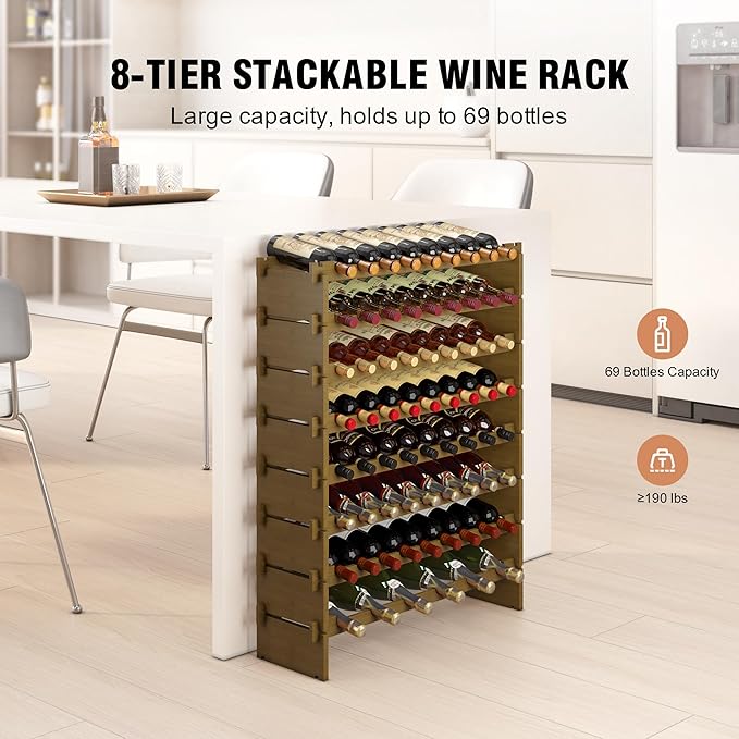 Wine Rack Freestanding Floor Bamboo Stackable Wine Storage Racks Wall Mounted, Modular Wine Bottle Stand Holder Display Shelf for Cabinet, Kitchen, Bar (Walnut)