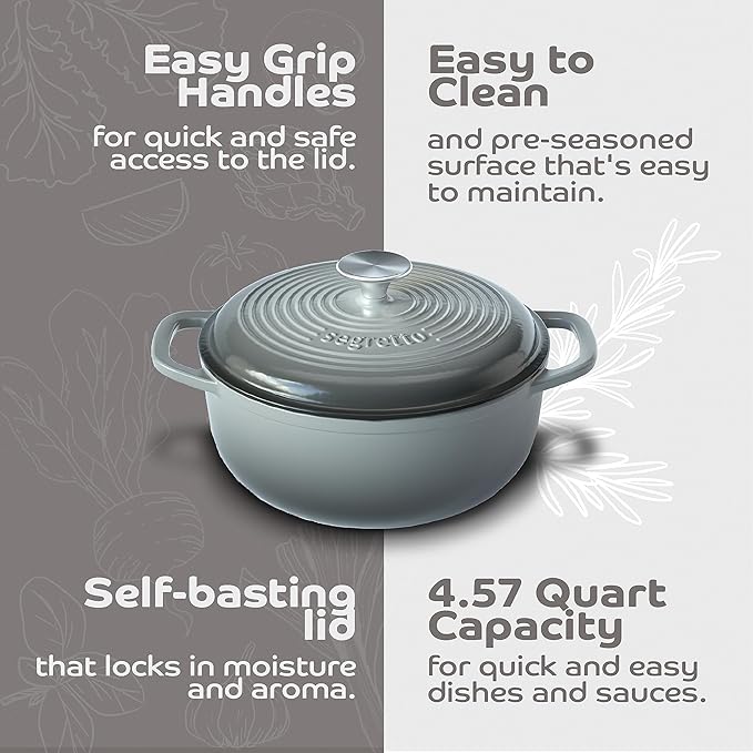 Segretto Cookware Enameled Cast Iron Dutch Oven Pot with Lid 4.57 Quarts, Grigio Scuro (Gradient Gray) Ceramic Dutch Oven Cast Iron Enameled Cookware with Handle Cooking Pot for Bread Baking, Cooking