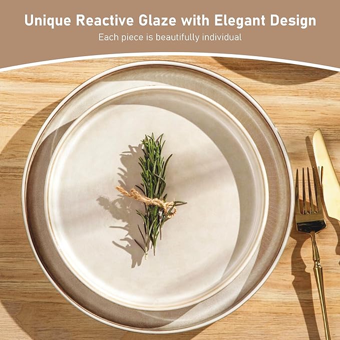 GBHOME Stoneware Dinnerware Sets for 6,Round Reactive Glaze Ceramic Plates and Bowls Set,Highly Scratch Resistant | Dishwasher & Microwave Safe Dishes Set,Service for 6(18Pcs)竊똂appuccino