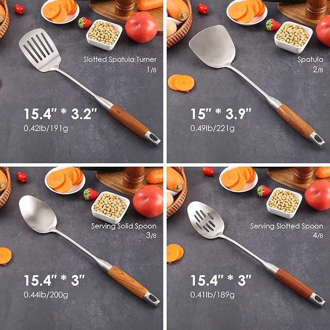 18/10 Stainless Steel Kitchen Utensils Set with Wood Handle - 15?쒶etal Cooking Tools & Serving Utensil, 8-Pieces Cooking Spoons Set - Spatula, Ladle, Skimmer, Turner, Pasta, Solid Spoon, Slotted Spoon