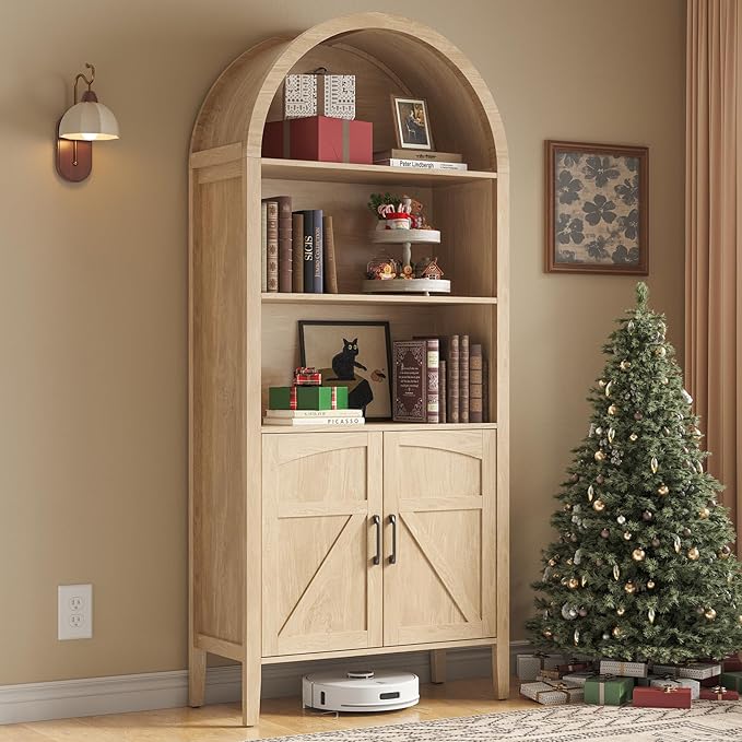 ONBRILL 71" Tall Arched Bookshelf, 5-Tier Arched Bookcase with Door & Storage Cabinet, Farmhouse Display Bookshelf Cabinet with Adjustable Shelf, Freestanding Wood Bookcase for Home Office, Study