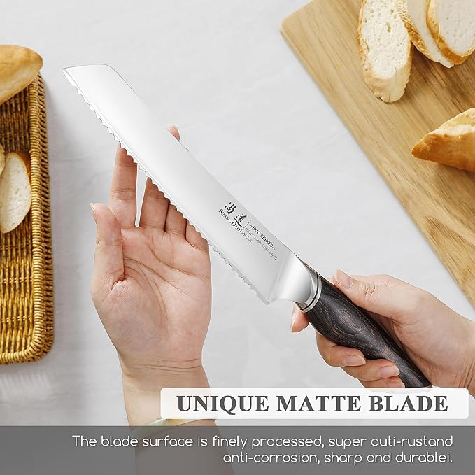 SHANGDAO Serrated Bread Knife 8 Inch - 3 Layers VG10 Alloy Steel Blade for Effortless Slicing of Bread, Cakes & Pastries - Comfortable Grip Non-Stick Design with Pakkawood Handle