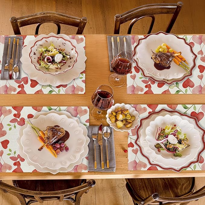 Valentine Placemats Set of 4, 12x18 Inch Floral Love Hearts Table Mats, Seasonal Anniversary Holiday Valentines Day Table Decorations for Kitchen Dining Home Party Decor