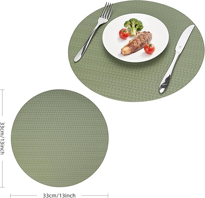 PROMATTOO Round Faux Leather Placemats Set of 4 – 13 Inch Vinyl Table Mats, Heat Resistant, Non Slip, Wipeable & Washable, Easy to Clean Dining Table Decor for Kitchen & Dining Room（Olive Green）