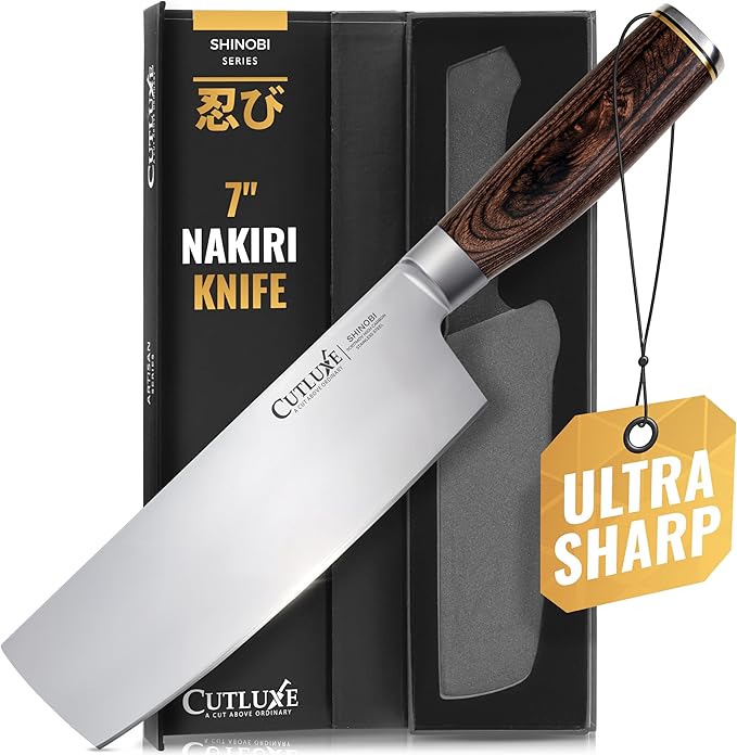 Cutluxe Nakiri Knife ??Ultra Sharp 7" Meat and Vegetable Japanese Knife for Chopping, High Carbon Stainless Steel Blade, Full Tang Pakkawood Handle ??Shinobi Series