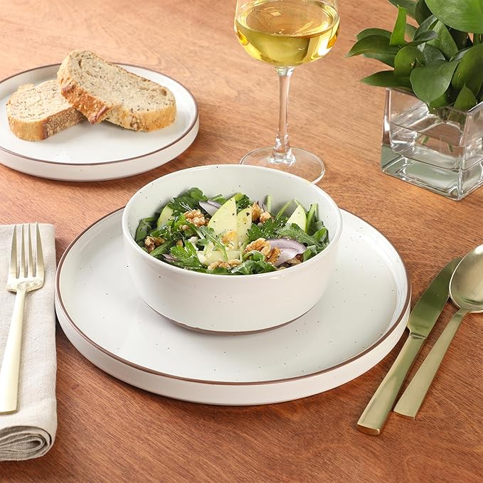 Gibson Elite Northrock Stoneware Dinnerware Set, 12-Piece Service for 4 Plates and Bowls Set ??White Dishes with Hand-Painted Terracotta Base