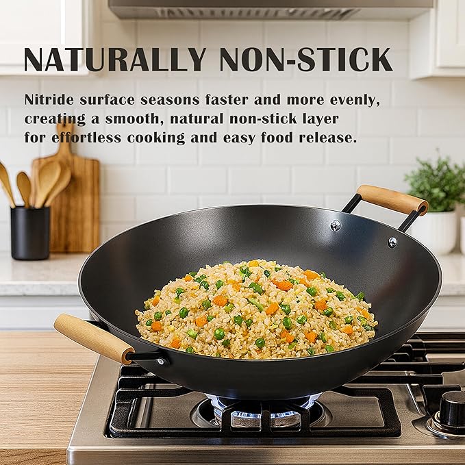 Cuisiland 14??Nitrided Cast Iron Wok ??Double-Handle Skillet, Rust-Resistant, Naturally Non-Stick, Beechwood Handles, Classic Cast Iron Heat Retention for Stir-Frying
