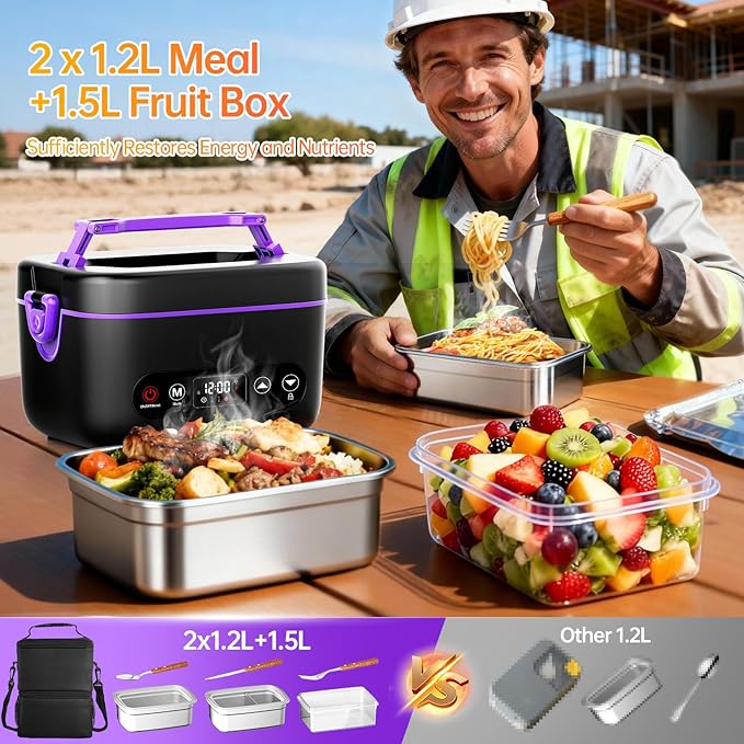 Cordless Electric Heated Lunch Box, 2x1.2L Portable Food Warmer Upgared 5D Surround Heat Tech 6x4000mAh Battery Powered with Dual Insulated Bag, 100W Automatic Heating 220째F Max BPA Free for Men