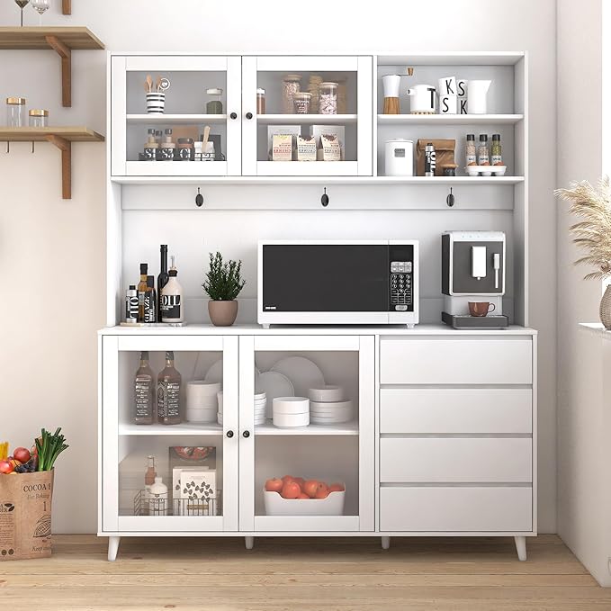 63" W Large Kitchen Hutch Cabinet, Freestanding Pantry Storage Cabinet with Hutch, 4 Doors 4 Drawers & Microwave Shelf, Buffet Sideboard Cupboard for Dining Room Kitchenette, White