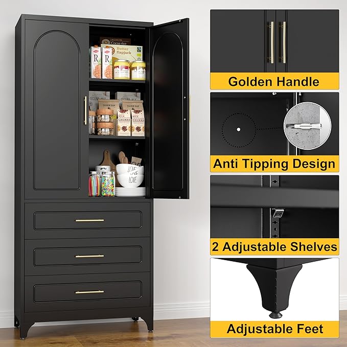 Metal Kitchen Pantry Storage Cabinet with 3 Drawers竊?5 Inch Black Food Pantry Cabinets for Kitchen Storage with 2 Adjustable Shelves,Tall Storage Cupboard for Living Room,Dining Room Office