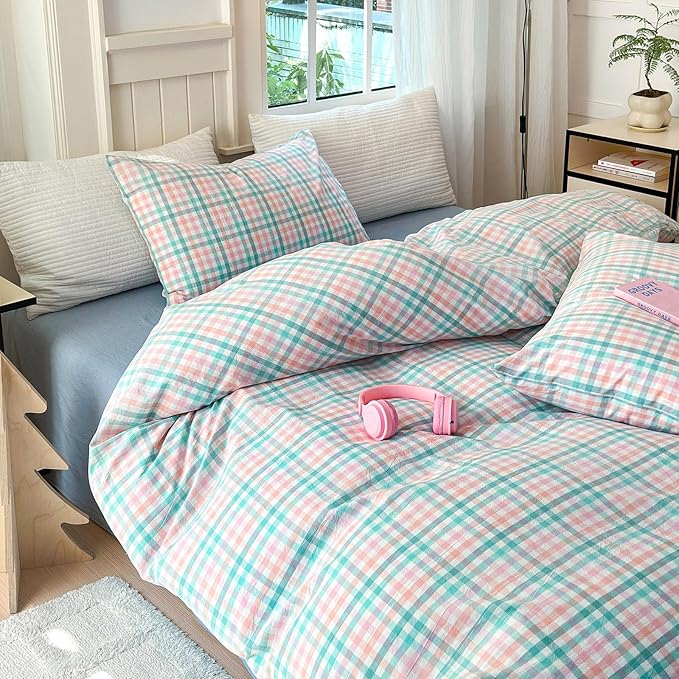 LifeTB Gingham Comforter Set Twin XL Multi-Colored Plaid Comforter Set 3 Pieces Checkered Grid Comforter with 2 Pillowcases Soft Fluffy Gingham Bedding Set Farmhouse Grid Bed Comforter Twin XL