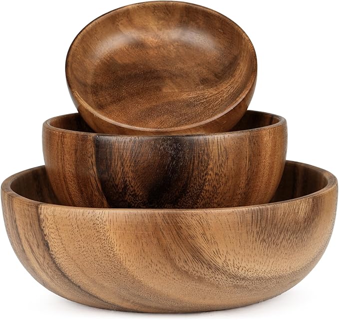 Acacia Wood Salad Bowl Set, 3-Piece Natural Solid Wood Serving Bowls, Handcrafted & Hand-Polished, Wooden Salad Bowls for Kitchen & Dining for Pasta, Yogurt, Fruit, Snacks & Gift Giving