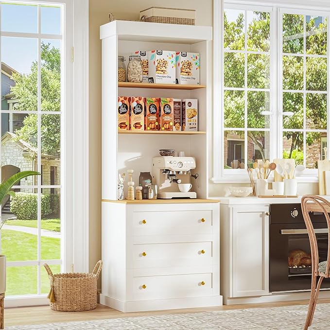 71" Farmhouse Kitchen Pantry Cabinet Set of 3, White Freestanding Coffee Bar Hutch with Glass Doors, Drawers & Adjustable Shelves, Large Storage Cabinet with Microwave Stand for Living Room & Kitchen