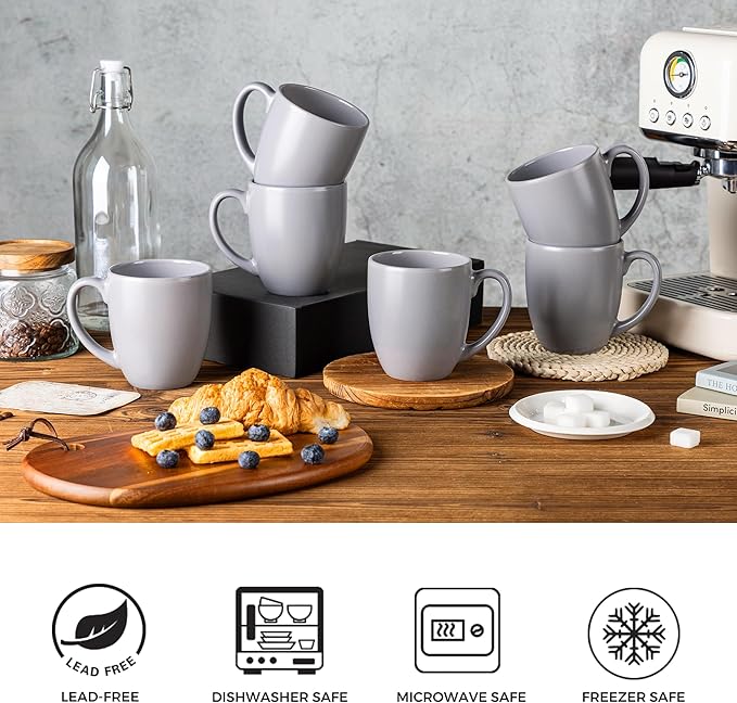 GBhome 16oz Coffee Mugs Set of 6, Large Ceramic Coffee Mugs for Man, Woman, Dad, Mom, Modern Coffee Mugs Set with handle for Tea/Latte/Cappuccino/Milk/Cocoa. Dishwasher&Microwave Safe,Matte Grey