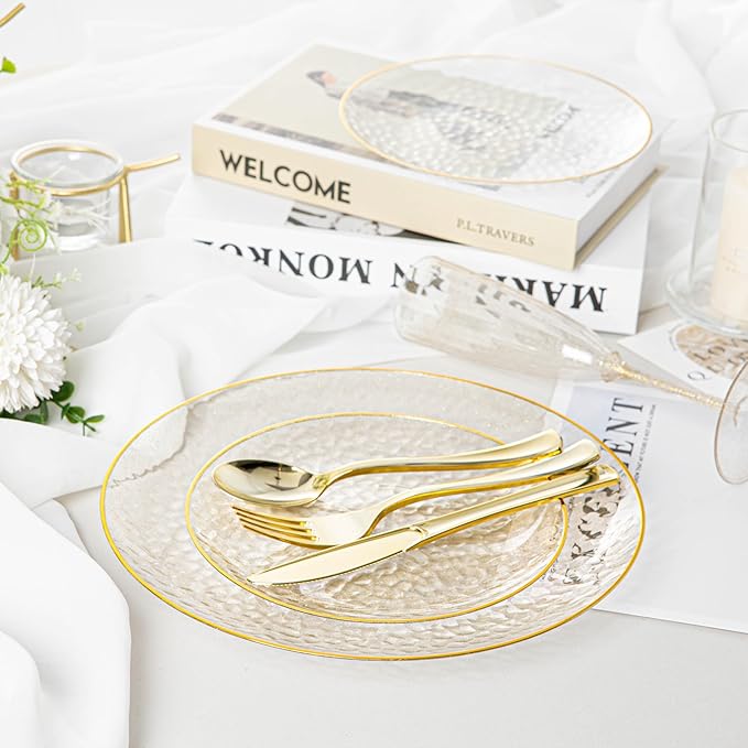 Lullaby 100PCS Clear Plastic Plates with Gold Rim, Includes 50pcs Dinner Plate 10??and 50pcs Dessert Plate 7?? Disposable Heavyduty Plates for Birthdays, Parties and Wedding