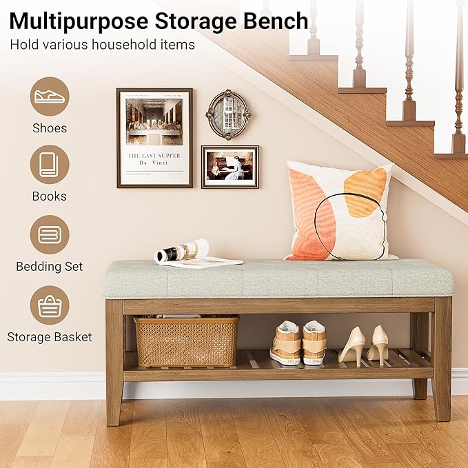 YaFiti End of Bed Storage Bench, 42.9" Entryway Shoe Bench with Solid Wood Shelf, Upholstered Ottoman with Padded Seat for Bedroom, Hallway and Living Room, Beige