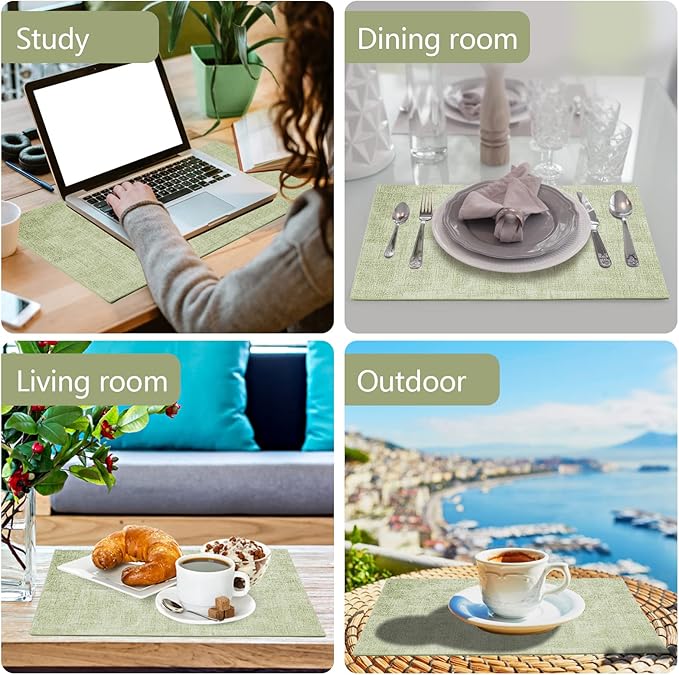 JUCCWARM Faux Leather Placemats Set of 6,Heat Resistant Placemats for Dining Table, Easy Clean Non-Slip Place Mats, Waterproof Stain Resistant Wipeable Washable PU Table Mats, (Light Green)