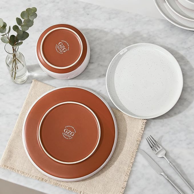 GZG Ceramic Dinner Plates Set of 4, 10.25 Inch Speckled Stoneware Plates with Clay-Tone Base, Large Ceramic Plates for Steak, Salad, Pizza, Microwave Oven Dishwasher Safe