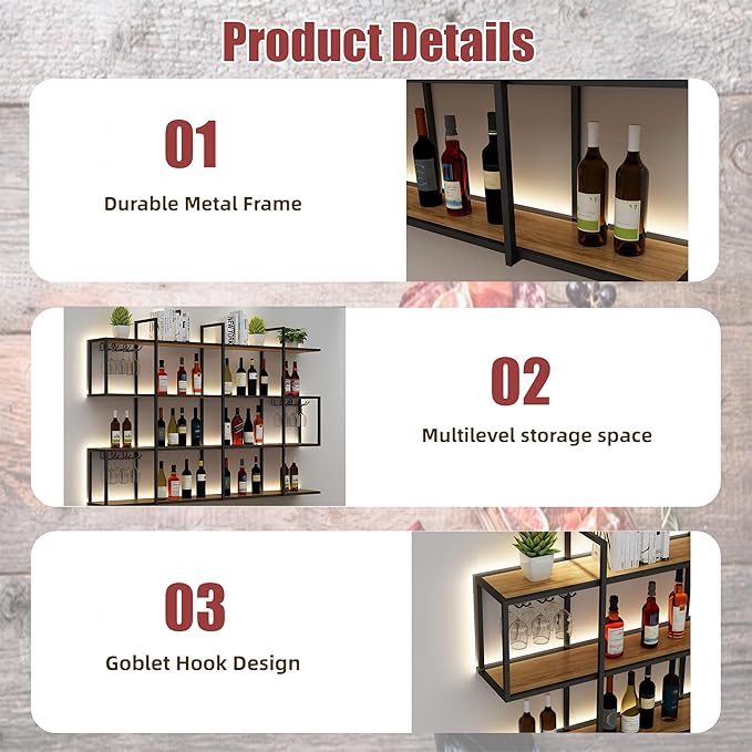 71IN Large Wall Mounted Wine Rack with LED Light, Metal 4 Tier Floating Wine Shelf with Glass Holder, Modern Hanging Bar Liquor Bottles Storage Rack for Home Bar Dining Room Decorative (70.8in/180cm)