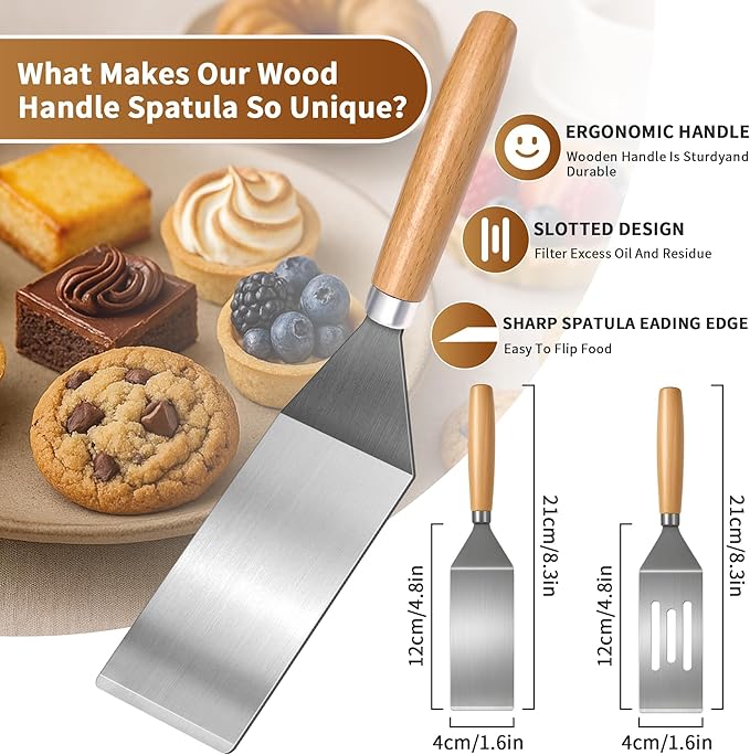 2-Piece Small Stainless Steel Spatula Set with Wooden Handles, Ideal for Flipping, Cooking, and Serving. Perfect for Brownies, Tiramisu, Cookies, Lasagna, and Pancakes.