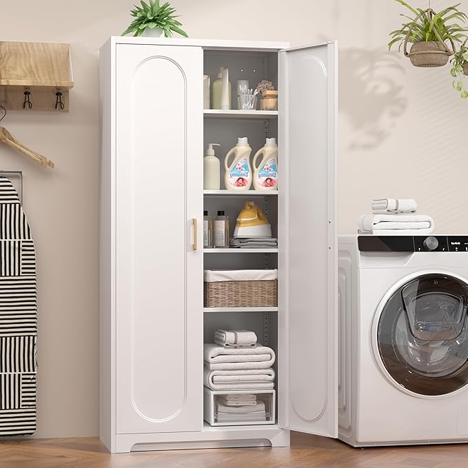 71" White Pantry Cabinet with Doors, Tall Metal Kitchen Pantry Storage Cabinet with 4 Adjustable Shelves and Gold Handles, Cupboard for Laundry, Dining Room, Living Room, Bathroom