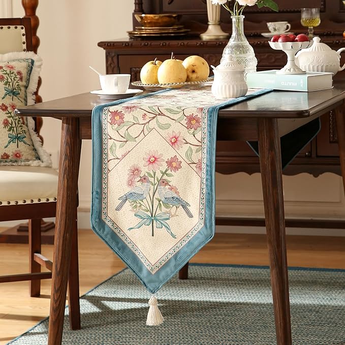 patdrea Designer French Elegant Wild Flowers Velvet Table Runner 118 Inch Long, Beige Pink Floral Table Mat, Decoration for Kitchen Dining Coffee Table Cabinet Banquet Thanksgiving,12"*118"