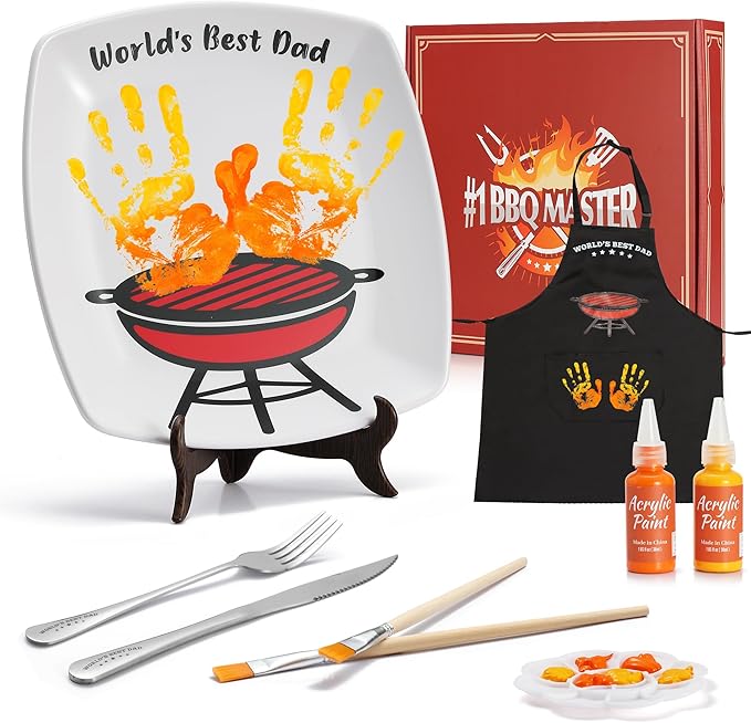 Funny Gifts for Dad - DIY World?셲 Best Dad Birthday Gift Grilling Plate with Handprint (11 inch), Cool Dads Gift from Daughter Son Wife Kids - Dad Gifts for Fathers Day Papa New Daddy