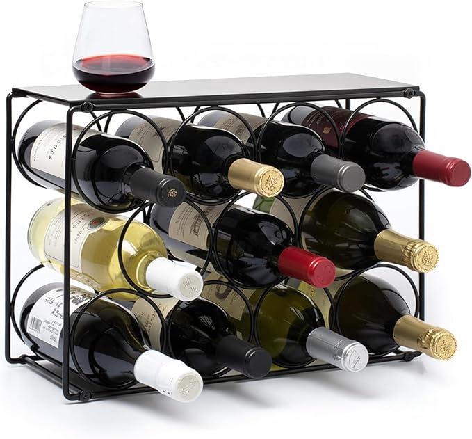 Countertop Wine Rack ??Black Powder Coated Metal Wine Holder, Minimal Scandinavian Design ??Modern Geometric Small Wine Rack for Countertop, Cabinet, or Tabletop Storage, Fits 11 Bottles