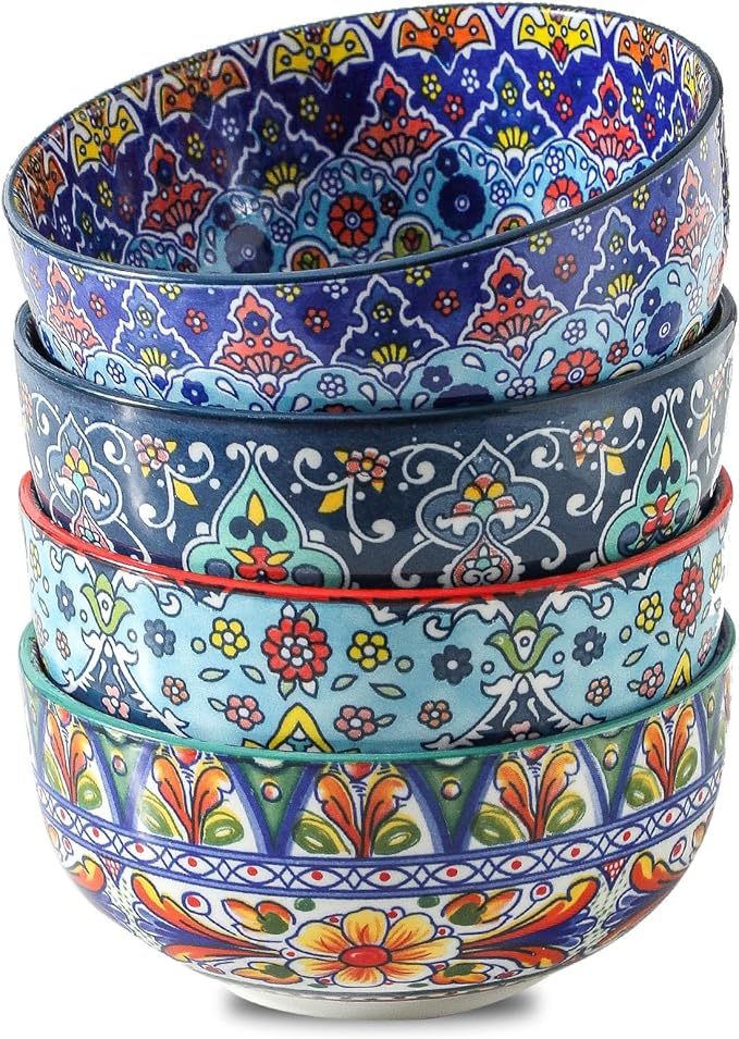 glowworm Cereal Bowls, 26 Oz Ceramic Soup Bowls Set of 4, Kitchen Bowls for Rice, Oatmeal, Fruit, Ice Cream, Dessert, Dishwasher & Microwave safe, Bohemian