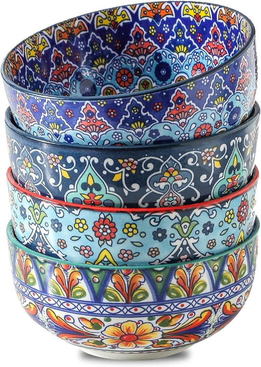 glowworm Cereal Bowls, 26 Oz Ceramic Soup Bowls Set of 4, Kitchen Bowls for Rice, Oatmeal, Fruit, Ice Cream, Dessert, Dishwasher & Microwave safe, Bohemian