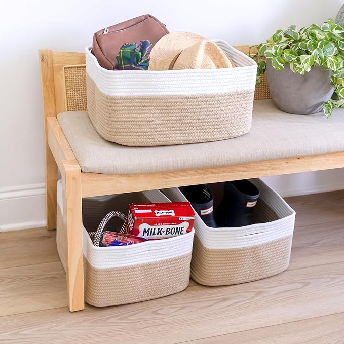 NaturalCozy Storage Baskets 16.8?쓝13?쓝7.6??Cotton Rope Woven Baskets for Organizing 3-Pack | Toy Storage Bins | Basket for Shelves, Laundry, Blanket, Clothes, Closet, Kitchen, Bathroom, Gifts
