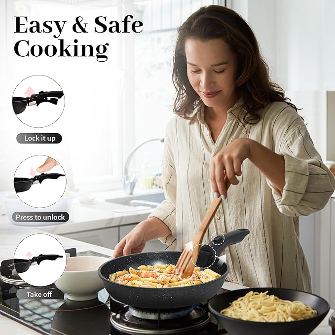 15PCS Pots and Pans Set Non Stick, Kitchen Cookware Sets with Detachable Handle, Ceramic Cookware Sets, Non Stick RV Cookware Cooking Set, Dishwasher 竊?Oven Safe, PFOA Free, Black