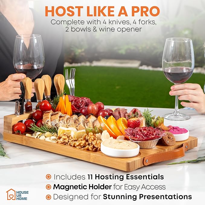 Bamboo Charcuterie Board Gift Set with Leather Handles, Knives, Wine Opener & Bowls ??Elegant for Hosts, Couples & New Homeowners