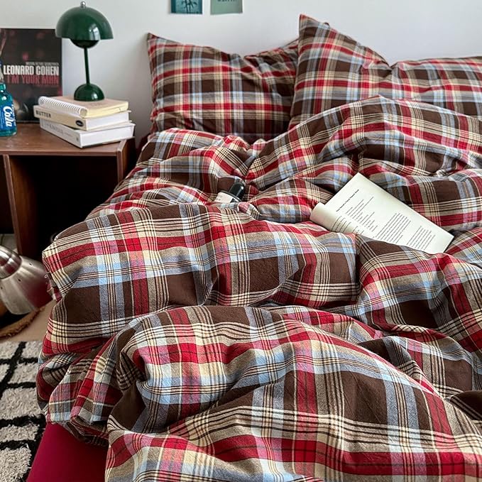 LifeTB Full Comforter Set Vintage Buffalo Plaid Comforter Set, 3 Pieces Red Brown Grid Checkered Comforter with 2 Pillowcases, Breathable Soft Farmhouse Grid Pattern Printed Plaid Gingham Bedding Set