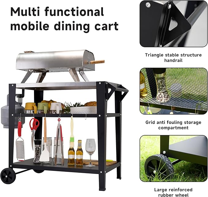 LEETOLLA Stainless Steel Outdoor Grill Cart with Wheels, Heavy-Duty 3-Tier BBQ Prep Table for Pizza Oven, Griddle, Patio ??Rustproof Commercial Kitchen Cart with Tool Hooks