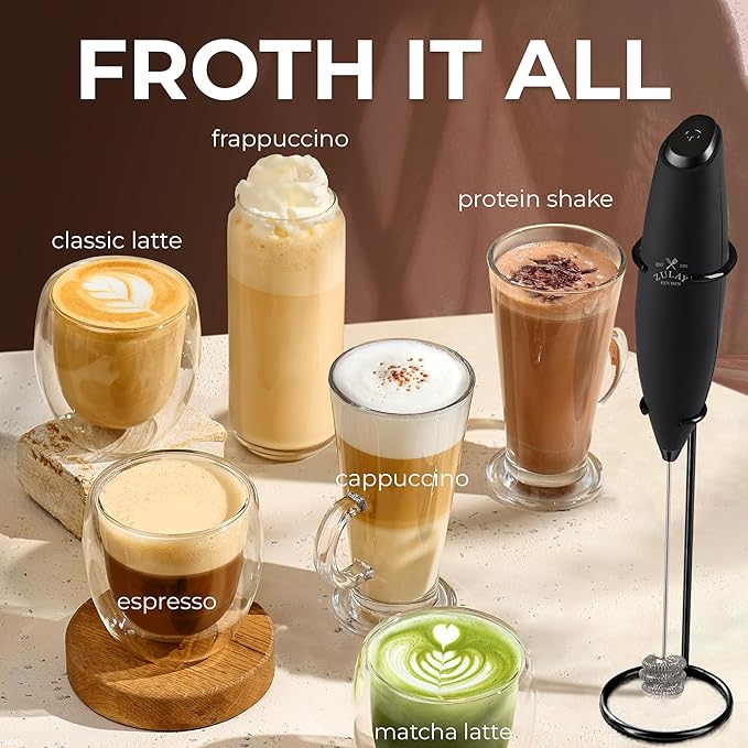Zulay Kitchen Patented Tornado Triple Whisk Milk Frother with 4 Duracell Batteries ??Handheld Foam Maker for Coffee, Lattes, Matcha & Hot Chocolate ??Rich, Creamy Froth in Seconds