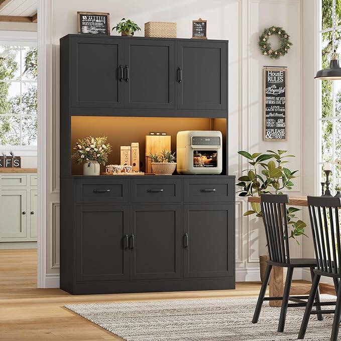 HOSTACK 72" Tall Kitchen Pantry Cabinet with Charing Station | LED Lights, 47" W Kitchen Pantry Storage Cabinet with Countertop, Modern Kitchens Hutch Cabinets with Storage for Dining Room, Black