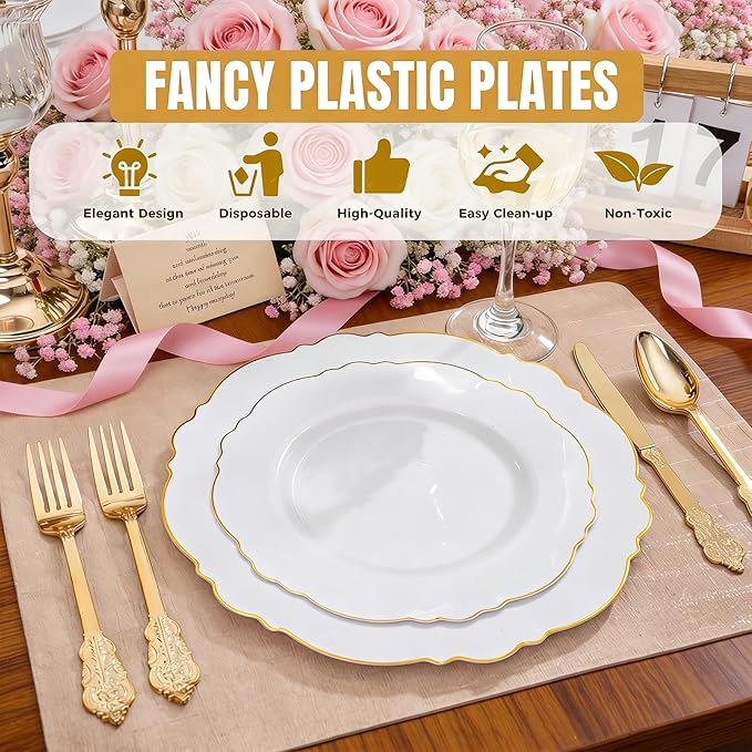 WDF 60pcs Gold Plastic Dinner Plates -10.25inch Baroque White and Gold Plates Fancy Heavy Duty Plastic Plates for Upscale Valentine's Day & Wedding & Birthday