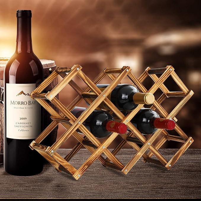 Freestanding Wine Rack, Holds up to 10 Bottles, Foldable Countertop & Cabinet Wine Holder ??Wine Rack for Red Wine, Water Bottles, and Drink Storage, No Assembly Required