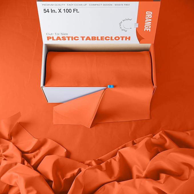 Party Solids 54 Inch X 100 Feet Orange Plastic Table Cover Roll in A Cut - to - Size Box with Convenient Slide Cutter. Cuts Up to 12 Rectangle 8 Feet Plastic Disposable Tablecloths