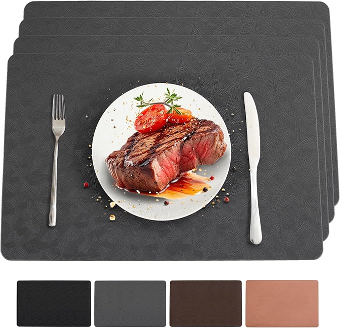 Bxzandya Vinyl Placemats Set of 4 Heat Resistant Easy Clean Non-Slip Place Mats for Dining Table Faux Leather Waterproof Stain Resistant Wipeable Washable PVC Table Mats(4, Gray)