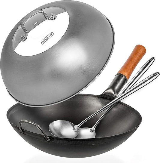 YOSUKATA Carbon Steel Wok Pan - 14 ??Woks and Stir Fry Pans With Lid 13.6 Inch - Premium Stainless Cover with Tempered Glass Insert Steam Holes +17?쇺?Spatula and Ladle