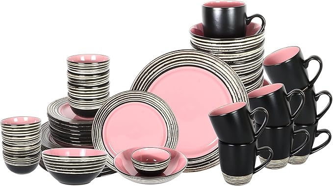 48 Piece Dinnerware Set, Ceramic Plates and Bowls Sets for 8, Microwave and Dishwasher Safe, Handcrafted Tree Bark Series Dish Set, Rose/Pink