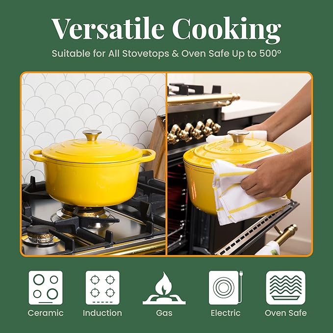 Larder & Vine Enameled Cast Iron 5.7qt Dutch Oven Pot with Lid | Bread Baking | Compatible on All Cooktops & Oven Safe to 500째 F | Great for Sourdough Bread | Limoncello