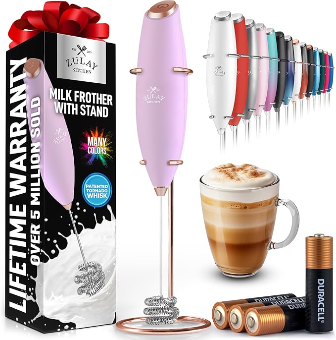 Zulay Kitchen Patented Tornado Triple Whisk Milk Frother with 4 Duracell Batteries ??Handheld Foam Maker for Coffee, Lattes, Matcha & Hot Chocolate ??Rich, Creamy Froth in Seconds