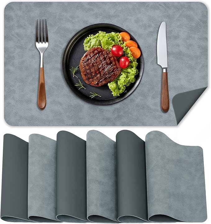 BLESWIN Faux Leather Placemats, PU Dining Table, Waterproof and Oil Resistant Easy to Clean, Heat Resistant Reversible Use Table Mats for Kitchen, Dining Table, Outdoor ??12 횞 17 Inch, Grey&Dark Grey