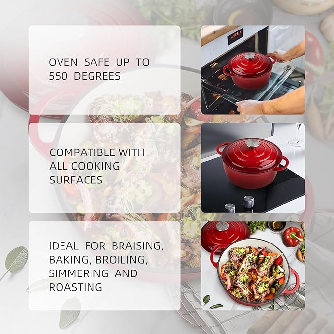 4.5 Quart Dutch Oven Enameled Cast Iron with Lid - Big Dual Handles - Oven Safe up to 500째F - Classic Round Pot for Versatile Cooking Red